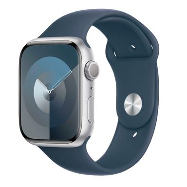 Apple Watch Series 9  (корпус - серебристый, 45mm ремешок Sport Band штормовой синий, размер M/L)