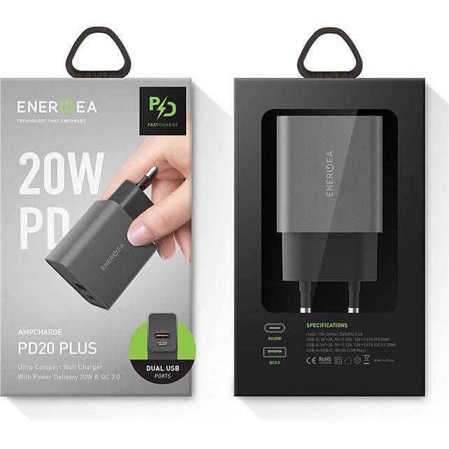 Зарядное устройство сетевое EnergEA Ampcharge USB-C + USB-A, 20Вт, серый— фото №5