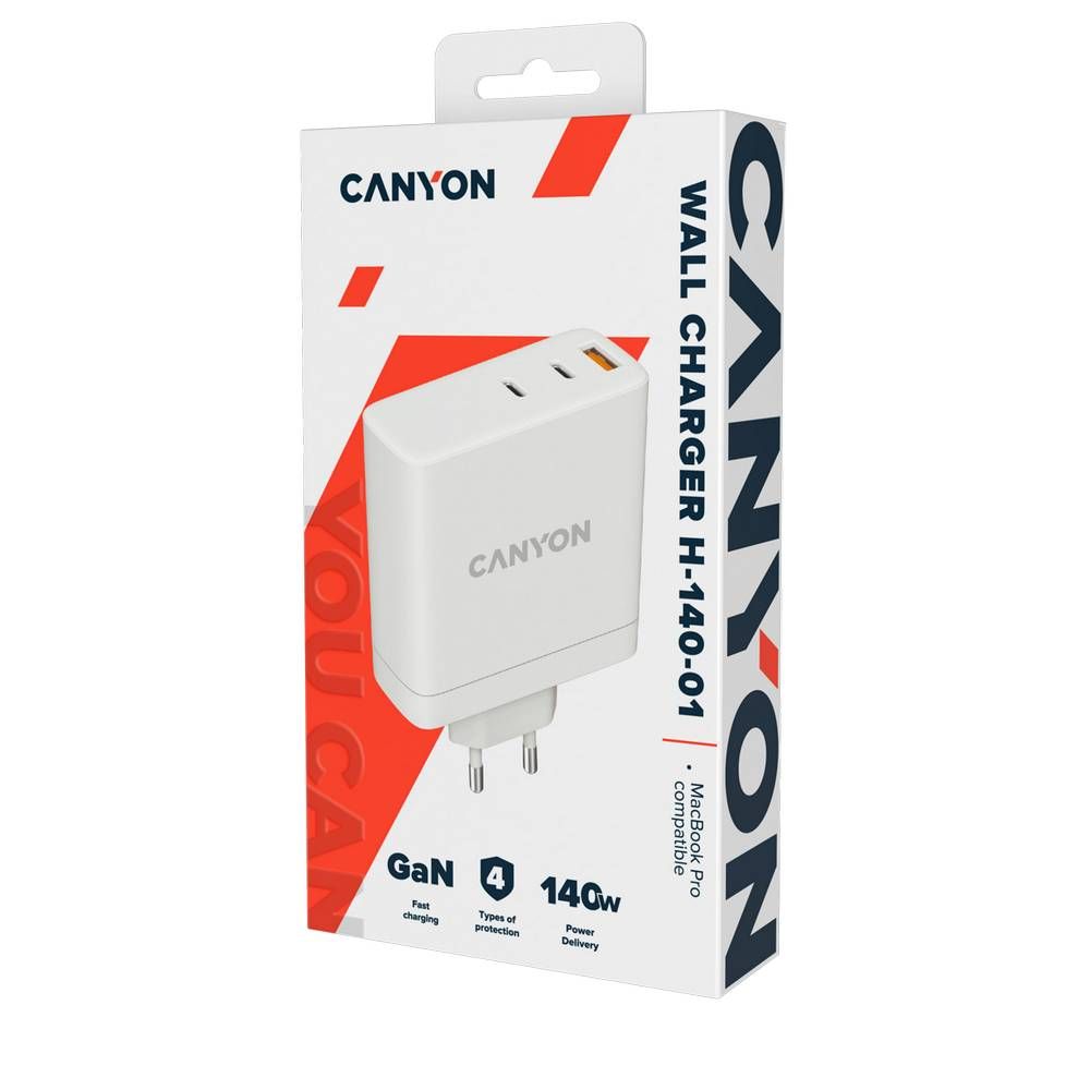 Зарядное устройство сетевое CANYON Wall charger 1 x USB-A, 2 x USB-C 140W, 140Вт, белый— фото №3